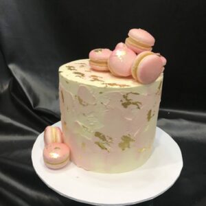Pink Buttercream Smear with Gold Leaf and Macarons