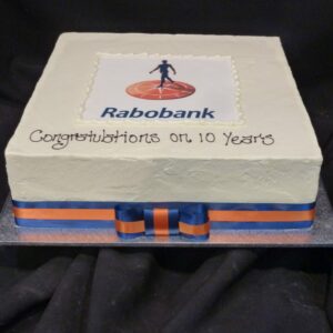 Large: Textured Buttercream with Flat Edible Logo and Ribbon