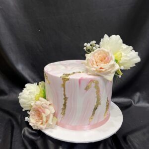 Pink Marble Fondant with Gold Leaf and Silk Flowers