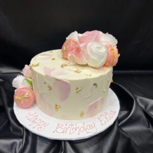Pink Buttercream Smear, Gold Leaf and Silk Flowers