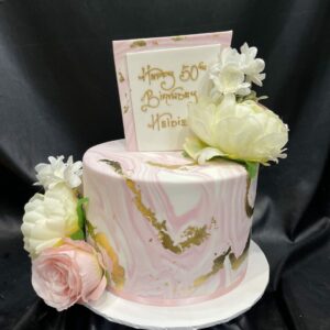 Pink Marble Icing with Gold Leaf and Silk Flowers