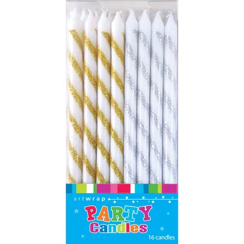 Gold and Silver Glitter Tall Candles 16 Pack Heidelberg Cakes